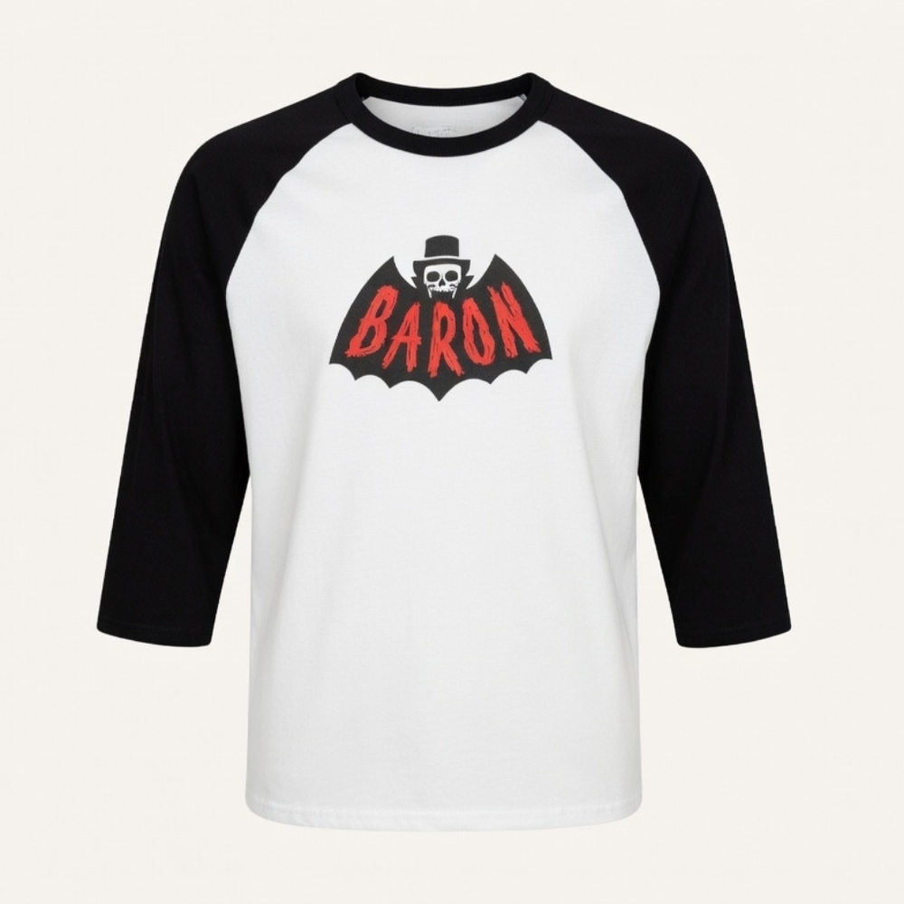 TESD Tell Em Steve Dave - Baron Von Flanagan Raglan Baseball Tee Shirt - B&W